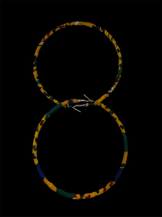 Kuku's Yellow ,Green and Blue African Print Fabric Wrapped Hoop Earrings